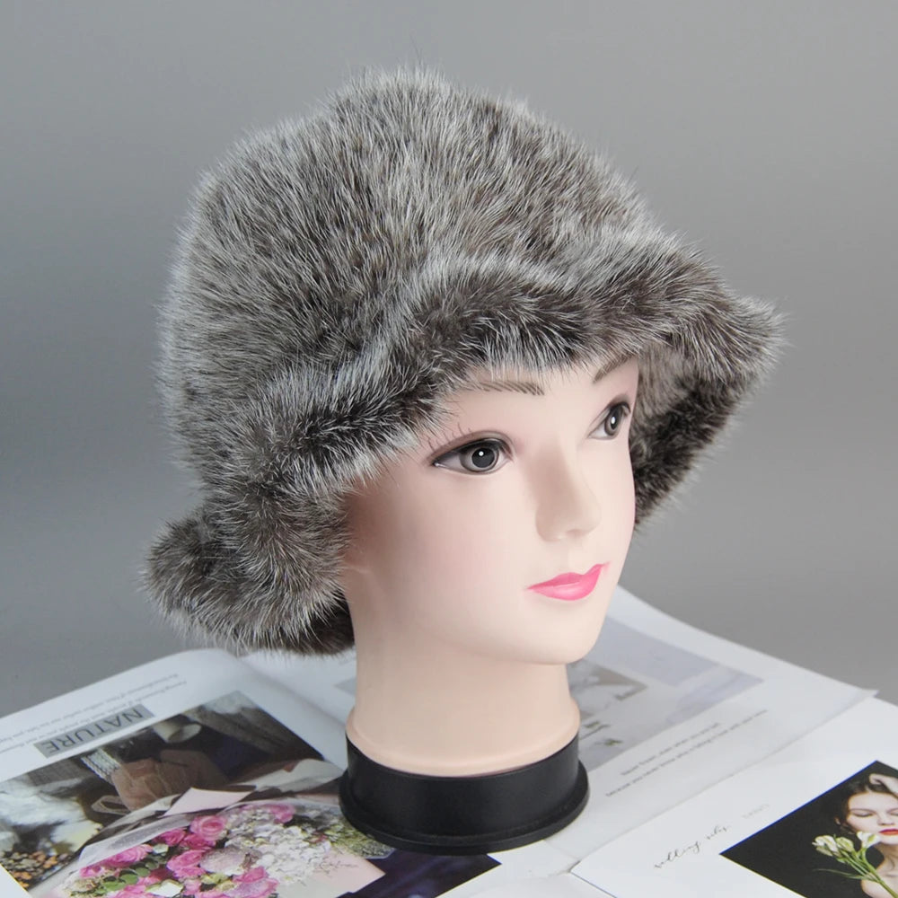 Women's Hat 2025 New Winter Real Mink Fur Hat Casual Luxury Flower Knitted Bucket Hat Pots Cap Lady Natural Mink Fur Cap Beanies