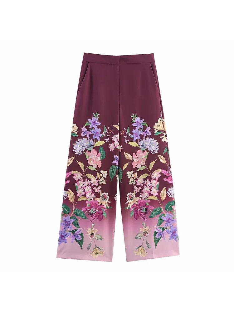2025 Women's Casual Loose Holiday Floral Print Long Pants High Waist Wide Leg Pants Design Comfortable Polyester Fiber