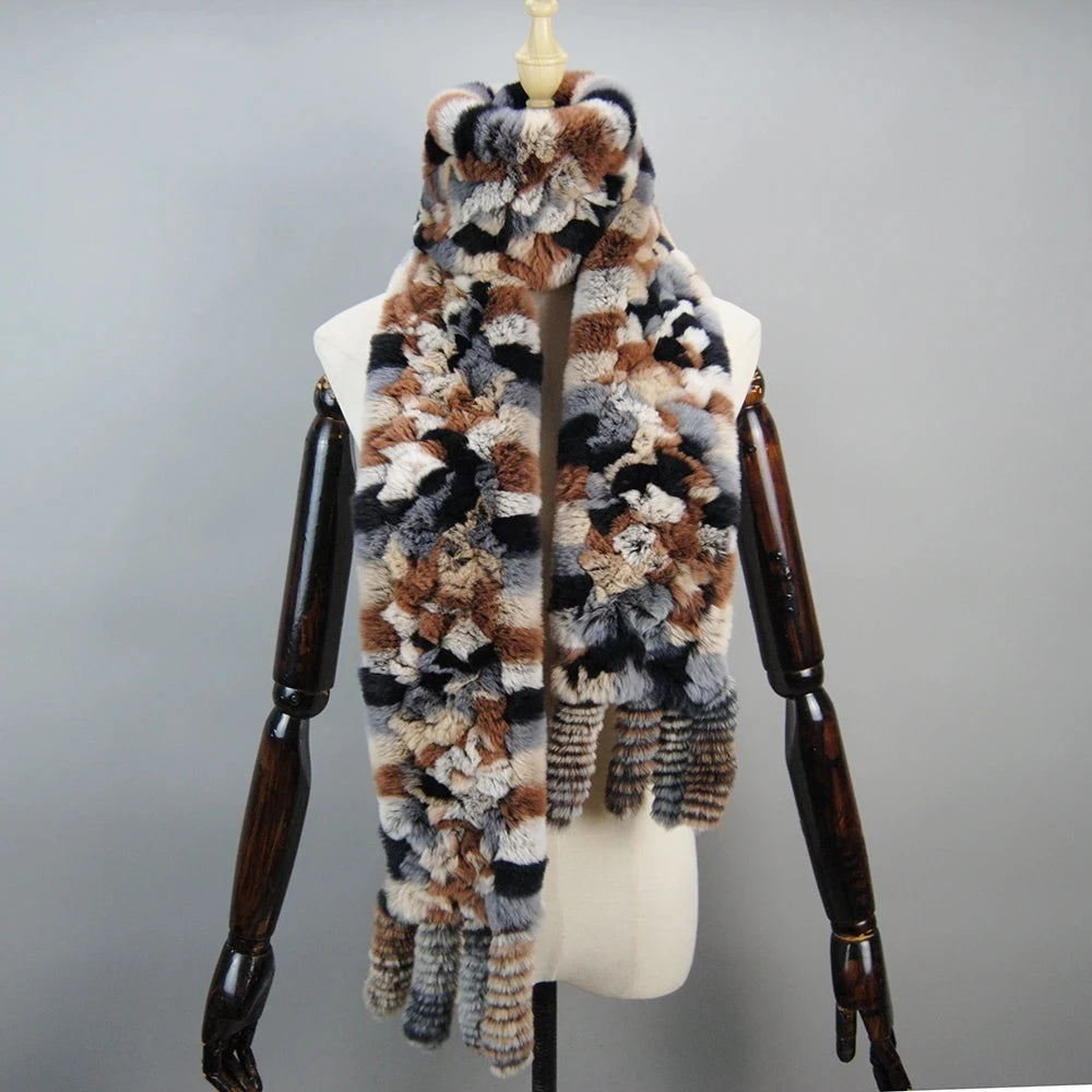 2025 Long Style Women Winter Real Rex Rabbit Fur Scarf Natural Rex Rabbit Fur Scarves Lady Knitted Rex Rabbit Fur Ring Scarves