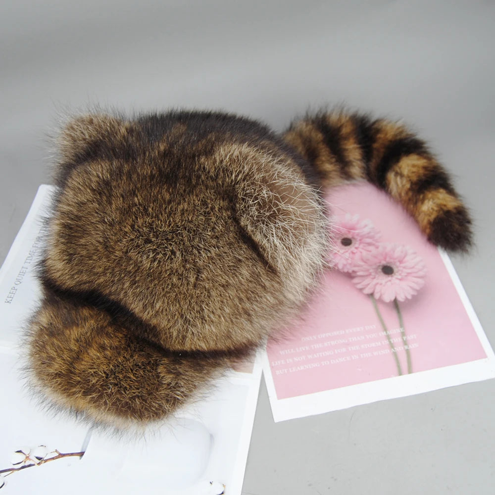 Hot Sale Lady Winter Warm Real Raccoon Fur Baseball Cap Brim Cute Ears Hat Women Girls Thick Fashion Warm Raccoon Fur Tail Hats