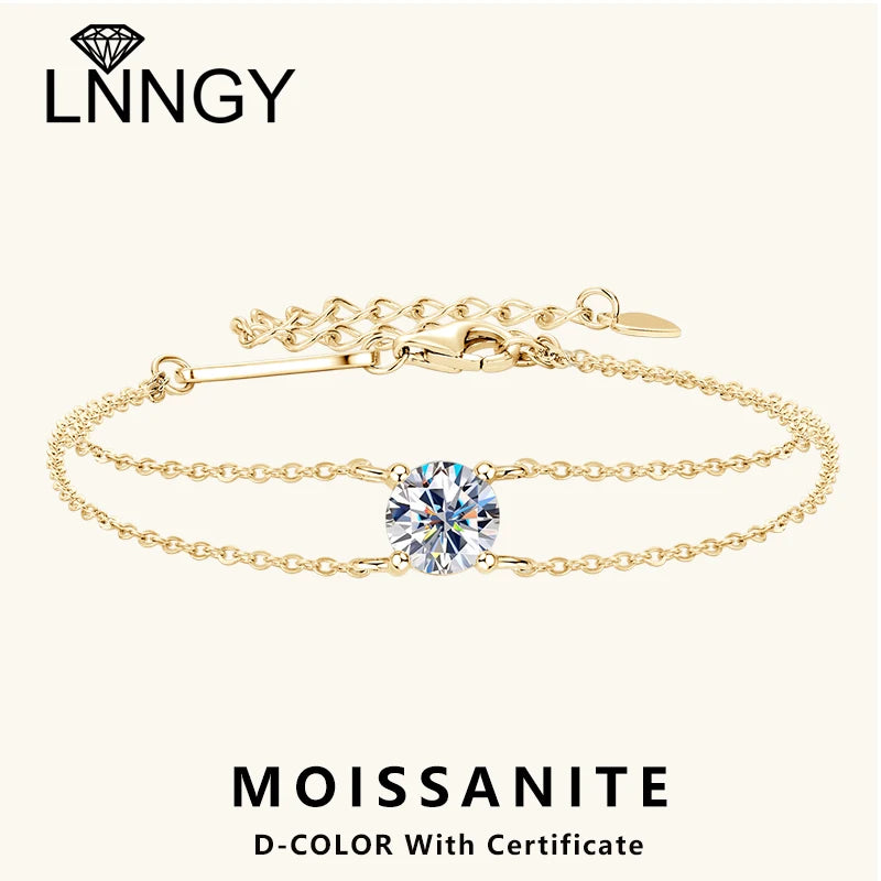 Lnngy 6.5mm 1ct Moissanite Bracelet 925 Sterling Silver Certified Double Chain Bracelets For Women Charm Wedding Jewelry Gift