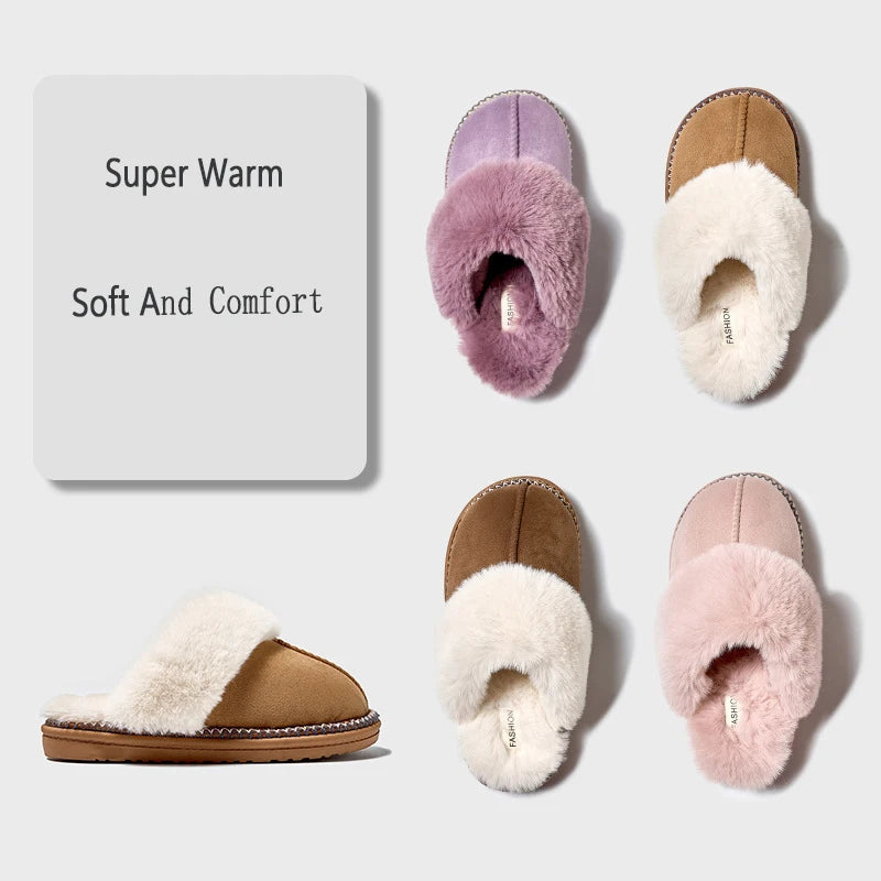 Comwarm Warm Fuzzy Cotton Slippers For Women Indoor Non-slip Faux Fur Collar Fluffy Slides Winter Soft Comfort Plush House Shoes