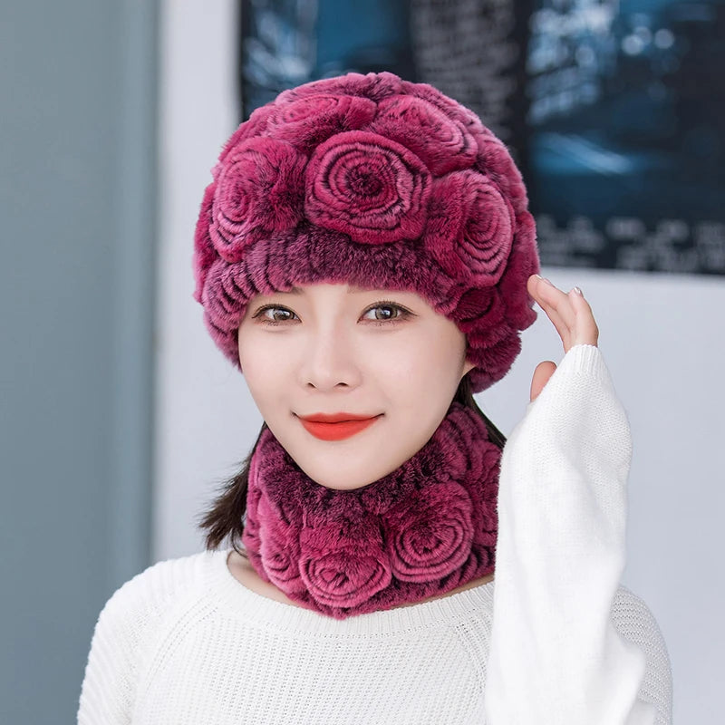 Winter Knitted 100% Natural Fur Hats Scarves Sets Women Warm Real Rex Rabbit Fur Hat Scarf Lady Fashiom Thick Rex Rabbit Fur Hat