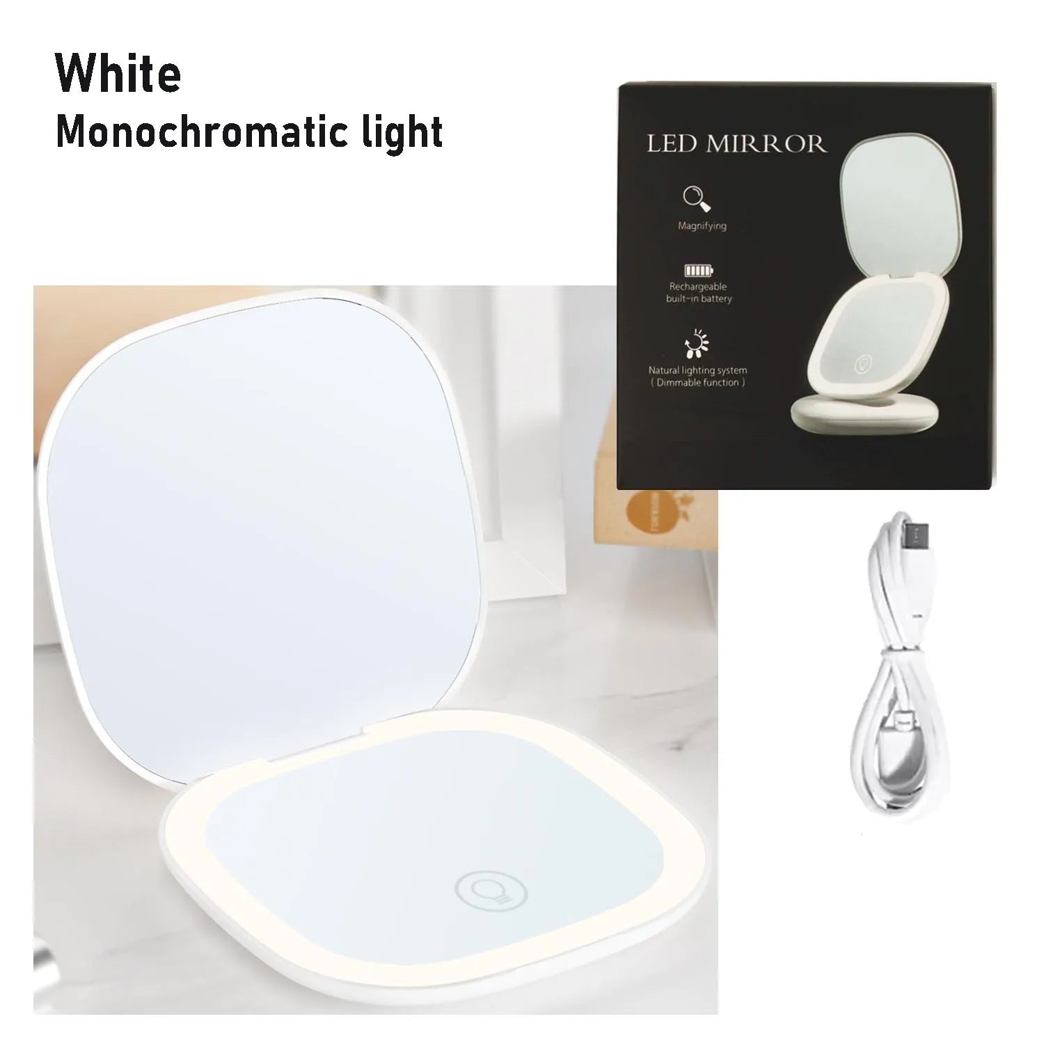 Portable LED Makeup Mirror, Double-Sided Lighted Mirror, Rechargeable 5X Magnification Folding Dressing Mirror for Touch-Ups.