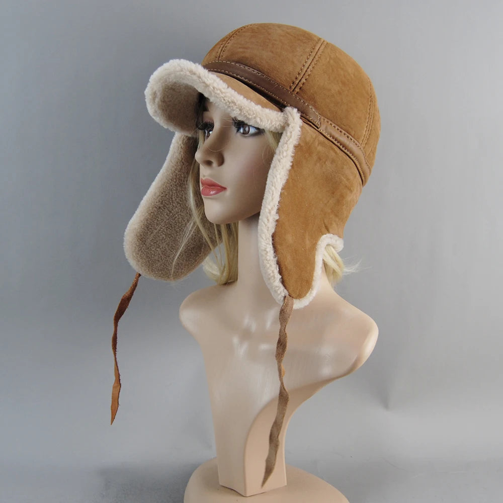 High Quality 2025 Winter Leather Hat Men Fur Lamb Wool Warm Thick Earflaps Bomber Hats Men's Baseball Cap Russian Hat