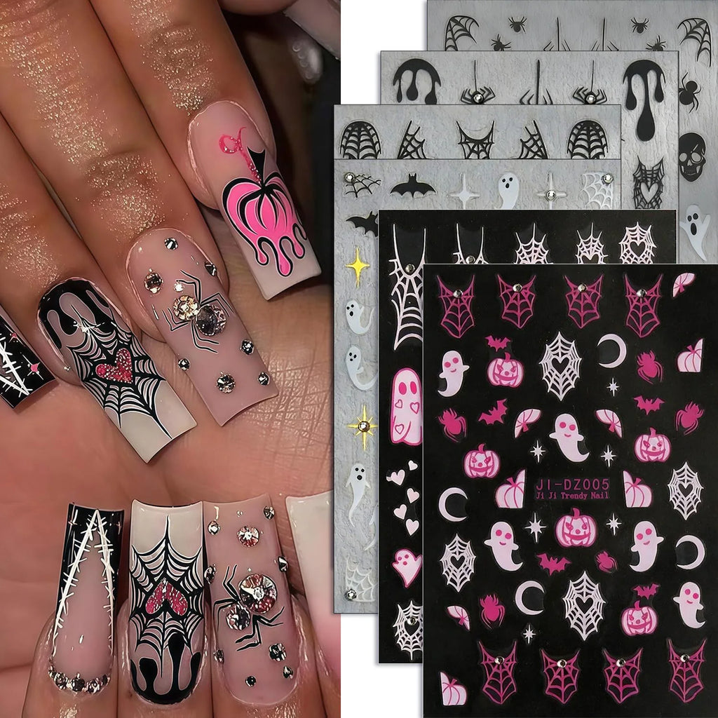 6-Sheet Halloween Nail Art Stickers Set - Holiday Party Nail Decals with Ghosts, Spider Webs & Festive Designs