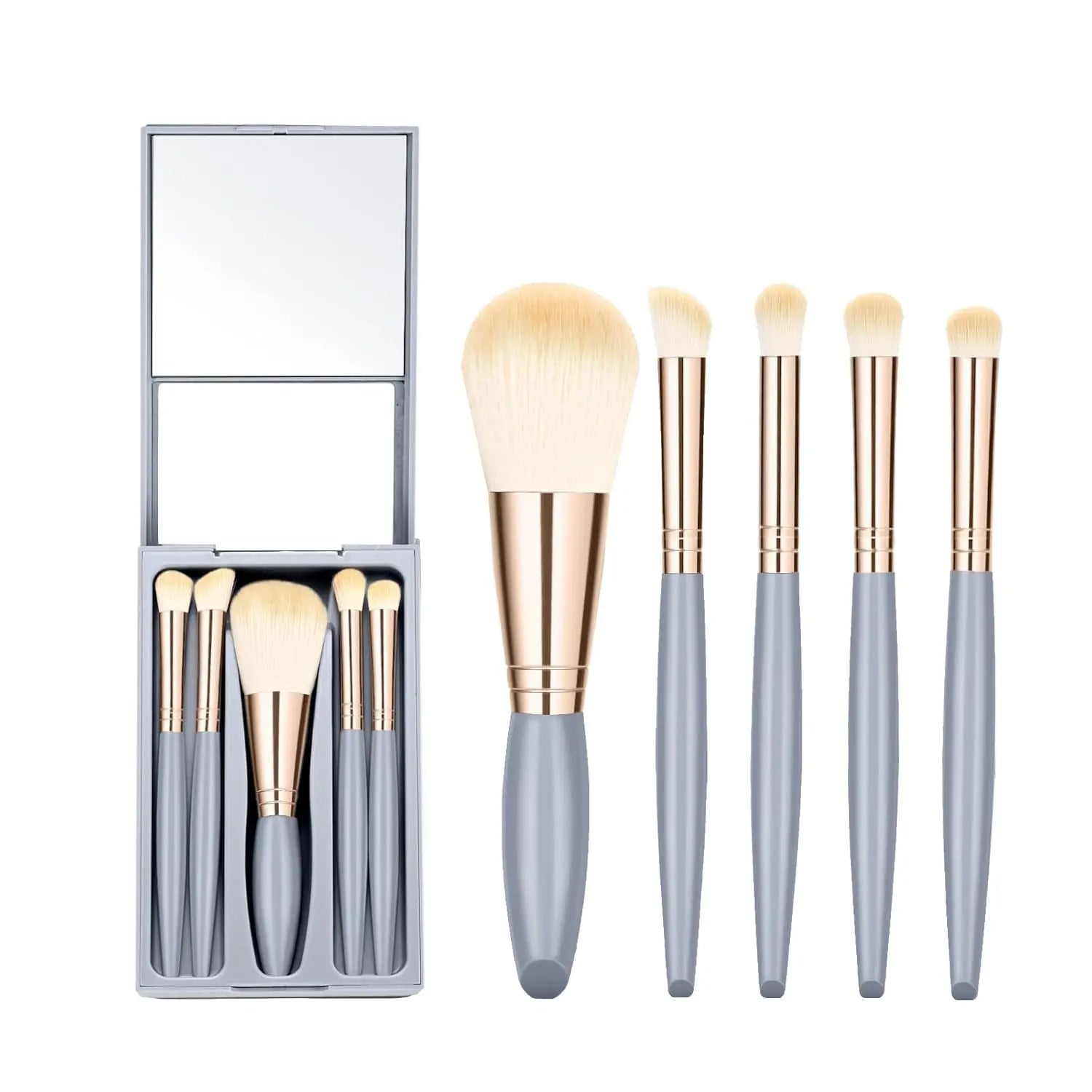 5-Piece Makeup Brush Set with Mirror, Travel Soft Bristle Loose Powder, Eyeshadow, and Blush Brush, Portable Makeup Brush Kit.