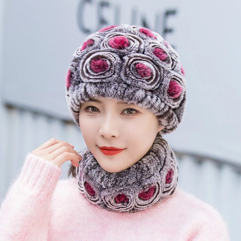 Winter Knitted 100% Natural Fur Hats Scarves Sets Women Warm Real Rex Rabbit Fur Hat Scarf Lady Fashiom Thick Rex Rabbit Fur Hat