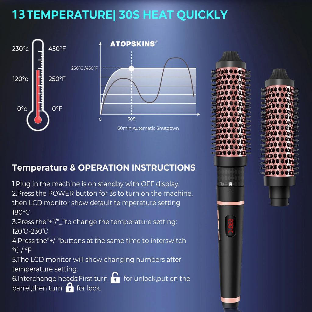 2 in 1 Thermal Brush Set Double PTC Heated Heat Round Brush Ionic Curling Brush 11 Temps Heated Curling Brush