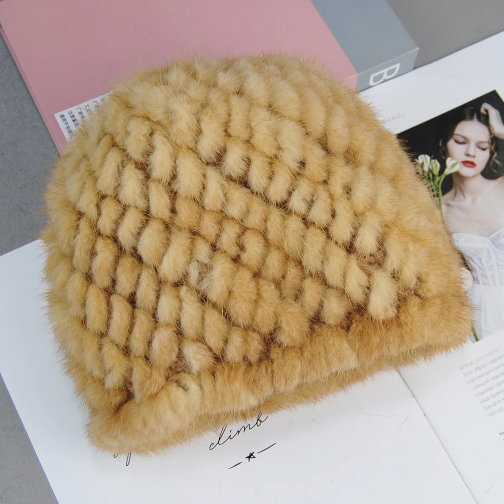 New Style Brand Fashion Genuine real natural women's knitted Mink Fur Hat Hand Made Knit Fashion Winter Headgear Berets cap