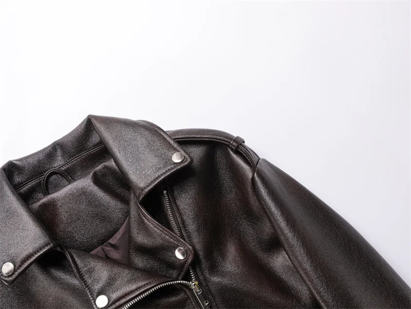 Dark brown Coal graysty le Women's washed leather jacket with belt, short coat with downgraded zipper and vintage lapel jacket