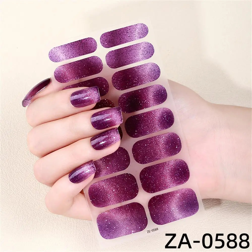 Gradient Cat Eye Style Nail Art Stickers, 16-Piece Set Self-Adhesive Waterproof Glitter False Nail Decals