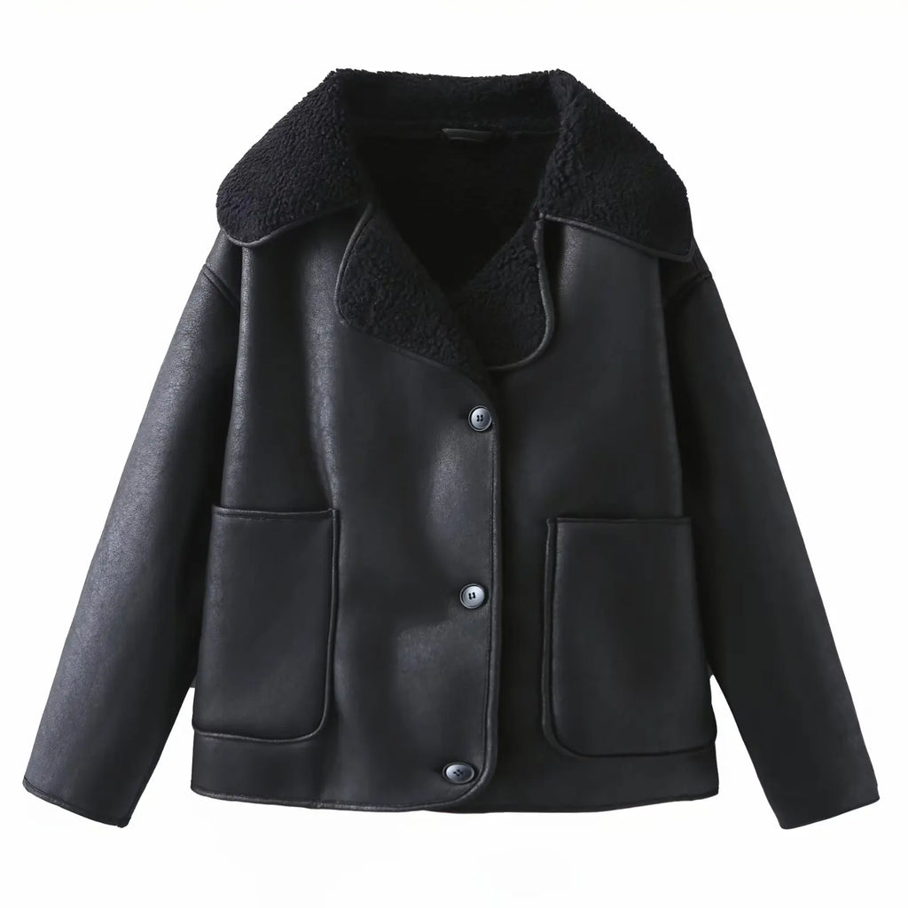 Vintage Casual Women Jackets Artificial Leather Turn-down Collar Single Breasted Loose Thick Coats Fashion Outwears