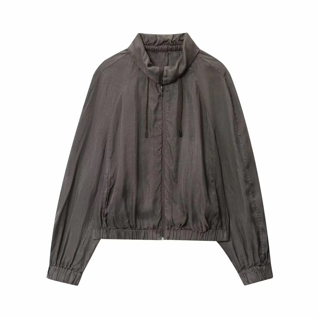 Women 2025 Autumn Fashion Series Standing Collar Drooping Bomber Jacket Female Loose Versatile Zipper Pocket Casual Jacket