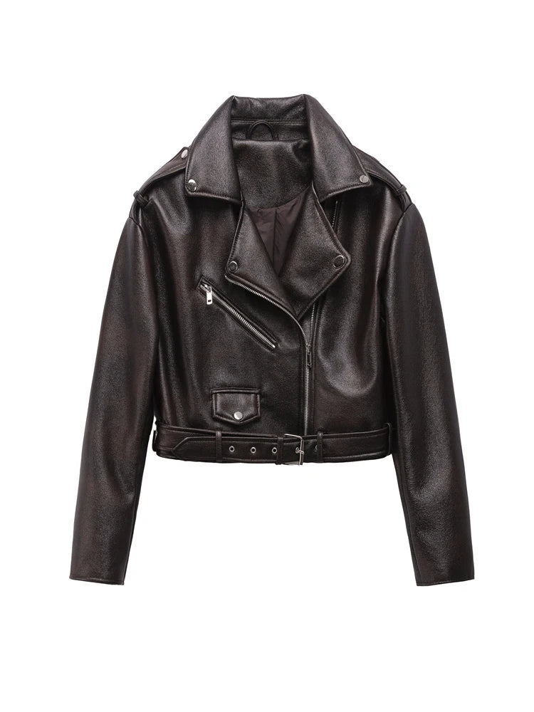 Dark brown Coal graysty le Women's washed leather jacket with belt, short coat with downgraded zipper and vintage lapel jacket