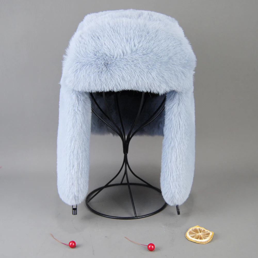 2025 Winter Russian Man Woman White Skin False Rex Rabbit Fur Hats Luxury False Rex Rabbit Fur Cap Unisex False Fur Bomber Hat