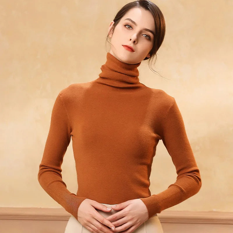 Women Heaps Collar Turtleneck Sweaters Autumn Winter Slim Pullover Women Basic Tops Casual Soft Knit Sweater Soft Warm Jumper