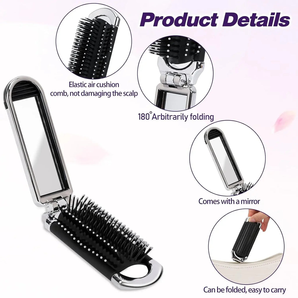 Foldable Comb with Detachable Makeup Mirror, 2-in-1 Function, Portable Air Cushion Massage Comb for Women.