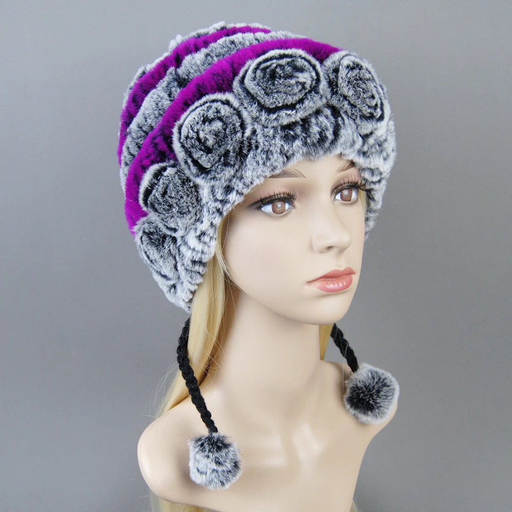 Hot Sale Women Warm Rex Rabbit Fur Hat Scarf Sets Winter Lady Knit Fur Hats Muffler 2 Pieces Natural Rex Rabbit Fur Cap Scarves