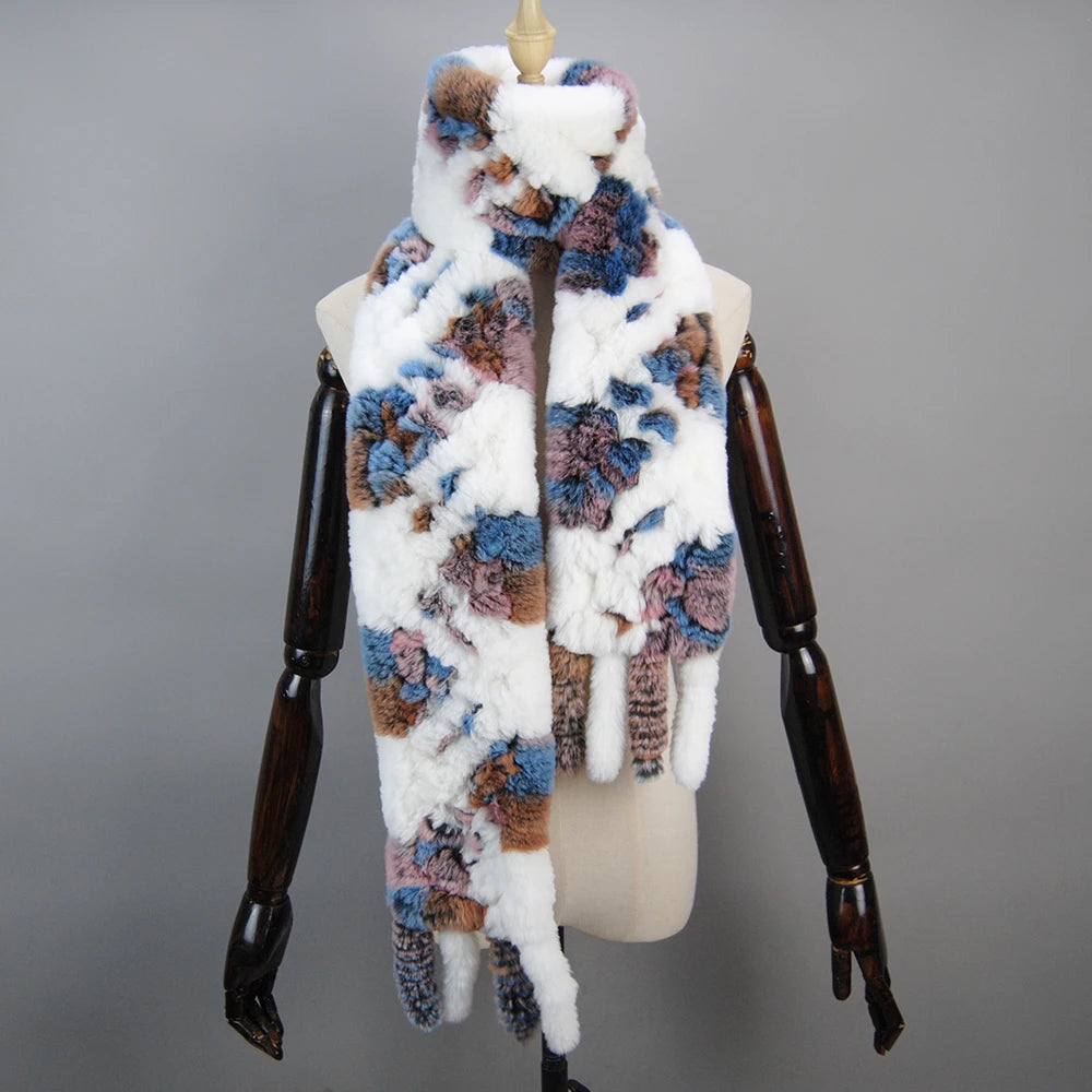 2025 Long Style Women Winter Real Rex Rabbit Fur Scarf Natural Rex Rabbit Fur Scarves Lady Knitted Rex Rabbit Fur Ring Scarves