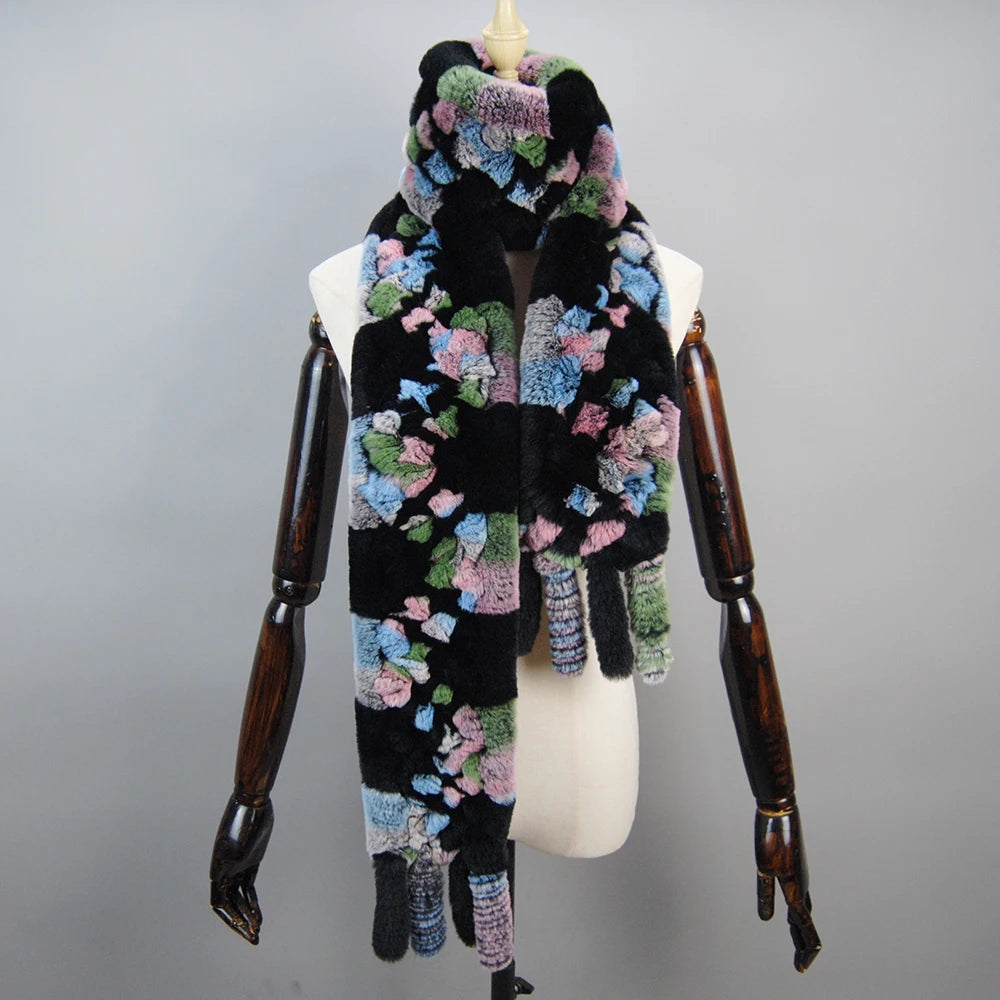 2025 Long Style Women Winter Real Rex Rabbit Fur Scarf Natural Rex Rabbit Fur Scarves Lady Knitted Rex Rabbit Fur Ring Scarves