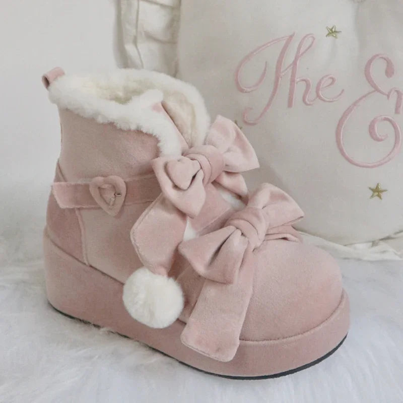 Thick-soled Snow Boots Women Winter Velvet Kawaii Pink Shoes Lolita Sweet Cute Bow Boot Women