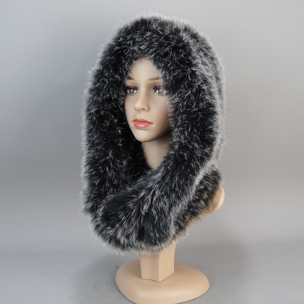 Luxury Knit Genuine Fur Caps Muffler Winter Thick Women 100% Natural Fox Fur Hat Scarves Lady Warm Fluffy Real Fox Fur Hat Scarf