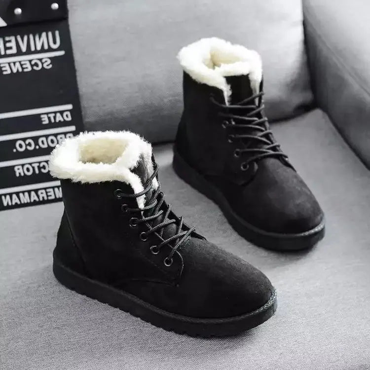 Smile Pop Winter New Flat Snow Boots Comfortable Warm Velvet Plush Cotton Shoes Round Toe Snow Boots Lace-up Short Boots Women