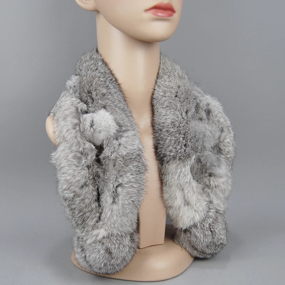 2025 New Russian Women Genuine Rabbit Fur Scarf Winter Ladies Warm Real Rabbit Fur Muffler Fluffy Pompoms Natural Fur Scarves
