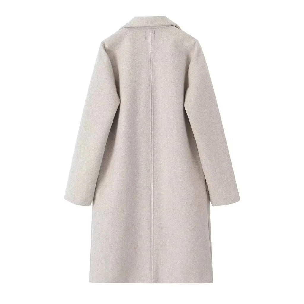 2025 Women Woolen coat Fashion Solid Open Stitch Long Trench Coats Vintage V-Neck Full Sleeves Female Chic Lady Outfits