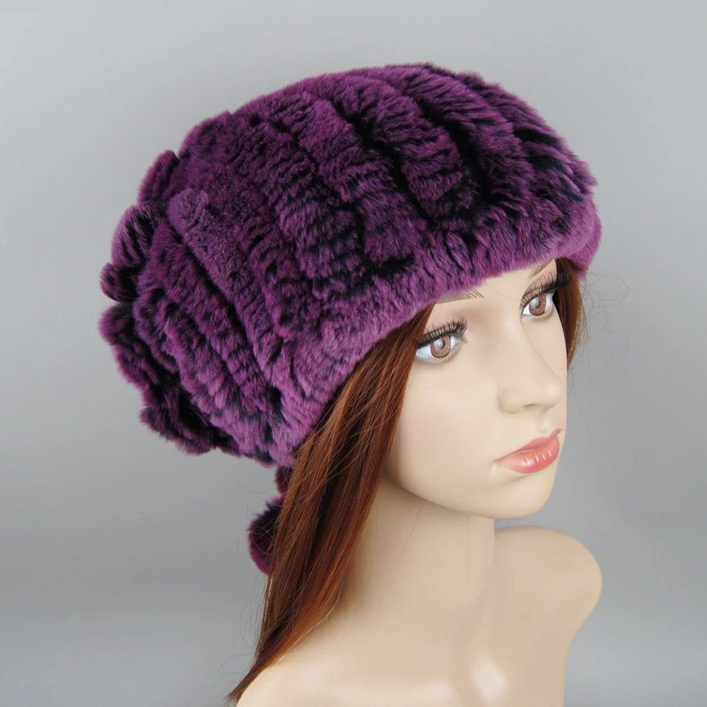 Winter Luxury Women Real Natural Rex Rabbit Fur Hats Fashion Lady Knitted Genuine Fur Caps Russian Outdoor Warm Fur Hats Beanies