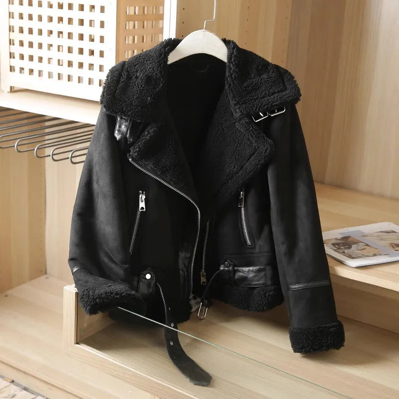 2025 Winter Women Thick Warm Suede Lamb Jacket Short Motorcycle Brown Coats Faux Shearling Sheepskin Leather Jackets Outwear