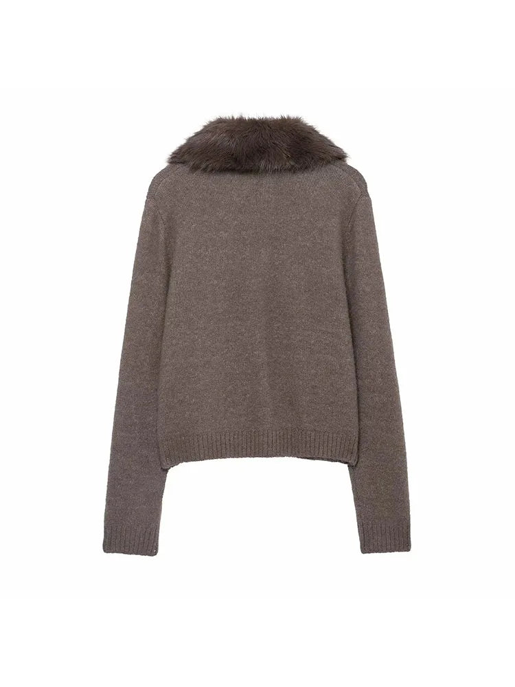Women Autumn Winter Fashion Fall Vintage Patchwork Faux Fur Lapel Elegant Sweaters Single Breasted Knitwear Female Cardigans