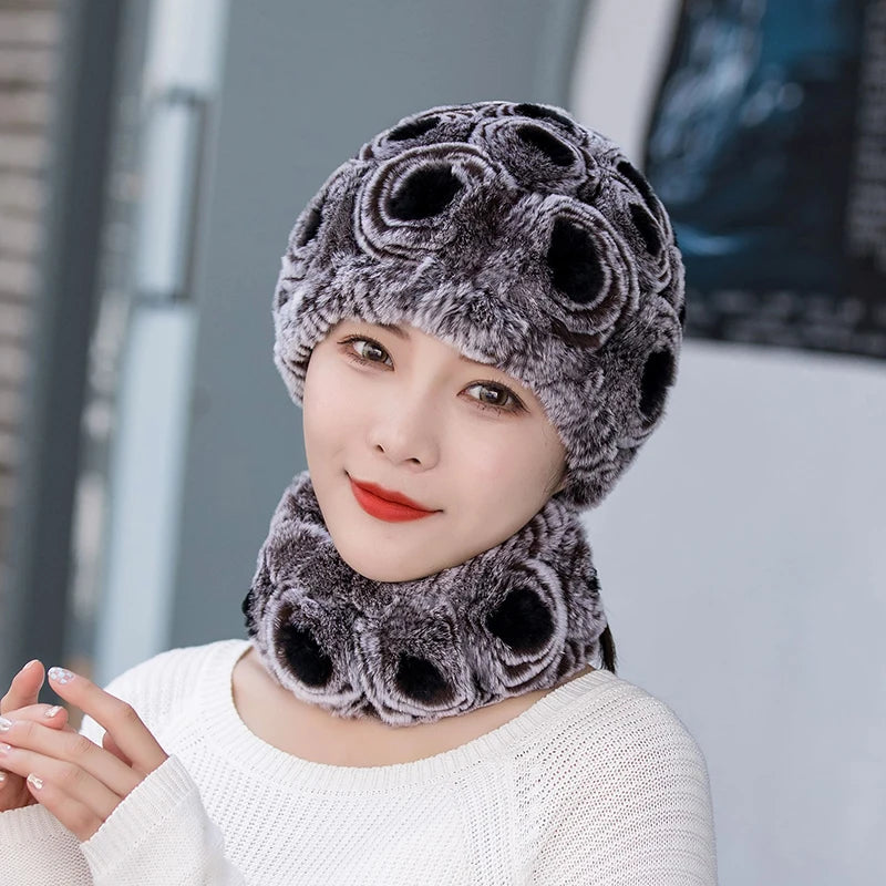 Winter Knitted 100% Natural Fur Hats Scarves Sets Women Warm Real Rex Rabbit Fur Hat Scarf Lady Fashiom Thick Rex Rabbit Fur Hat