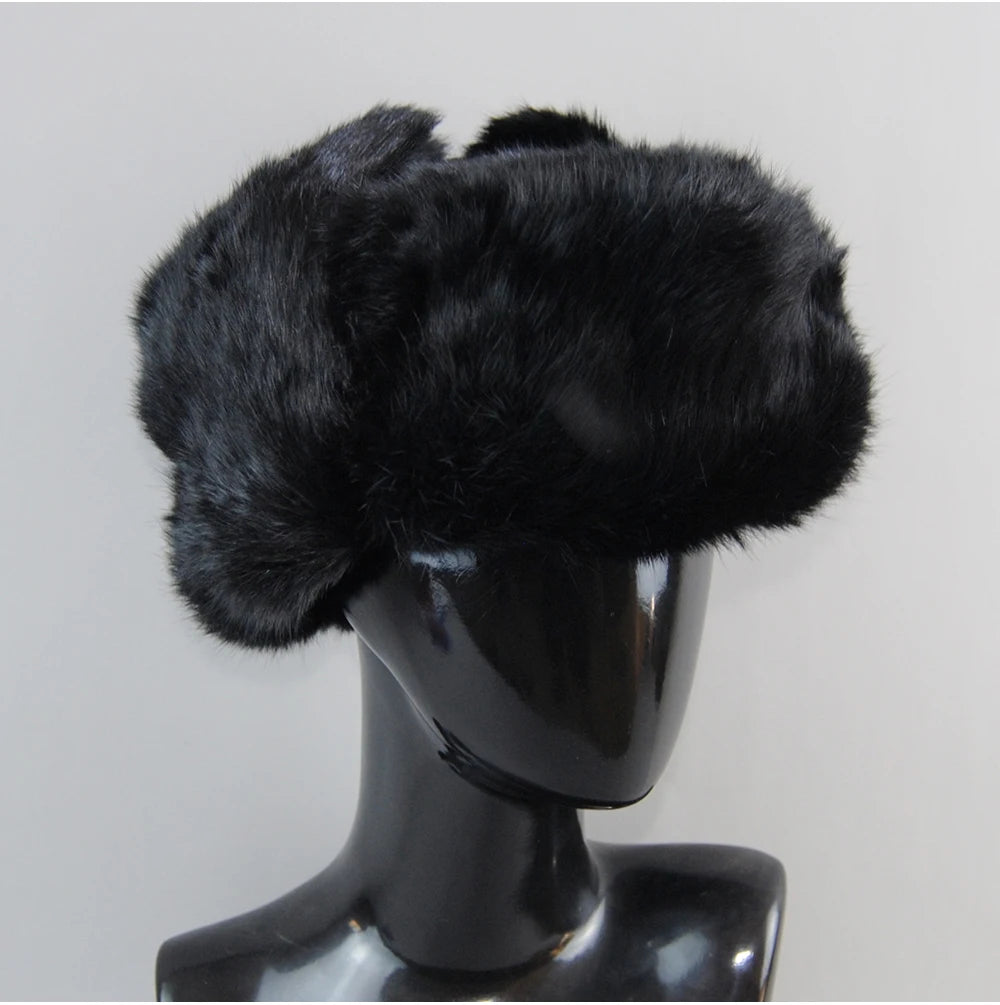 Rabbit Fur Cap Man Winter Genuine 100% Fur Bomber Hat Windproof Warm Earmuffs Male Flat Grey/Black Russian Hat Fitted Casquette