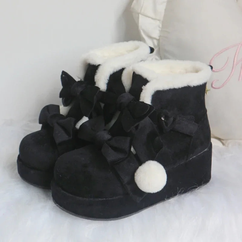 Thick-soled Snow Boots Women Winter Velvet Kawaii Pink Shoes Lolita Sweet Cute Bow Boot Women