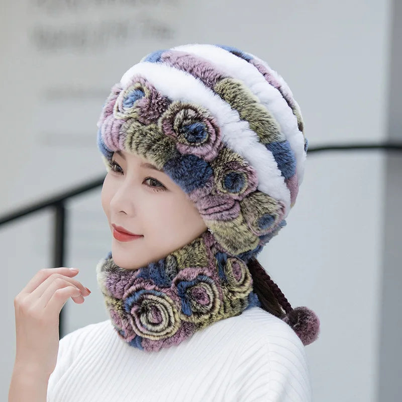 Hot Sale Women Warm Rex Rabbit Fur Hat Scarf Sets Winter Lady Knit Fur Hats Muffler 2 Pieces Natural Rex Rabbit Fur Cap Scarves