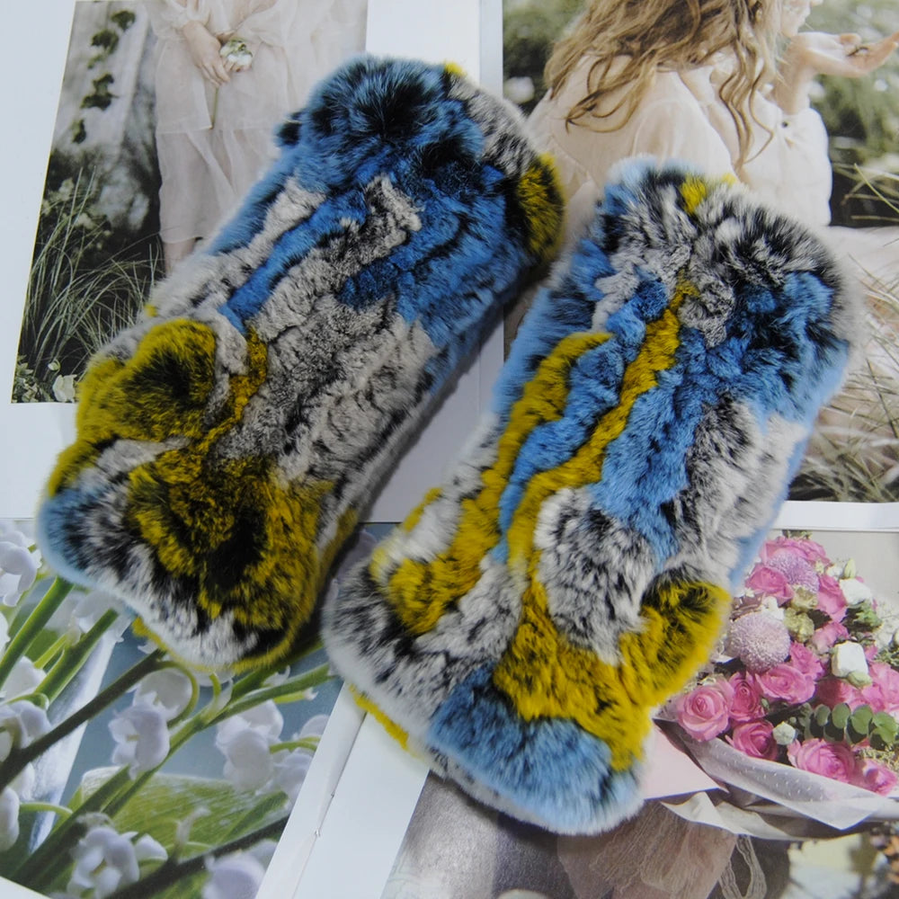 2025 Fashion Real Rex Rabbit Fur Women's Winter Gloves Genuine Fur Mittens Girl Fingerless Gloves Wrist Warmer Elastic Fluffy