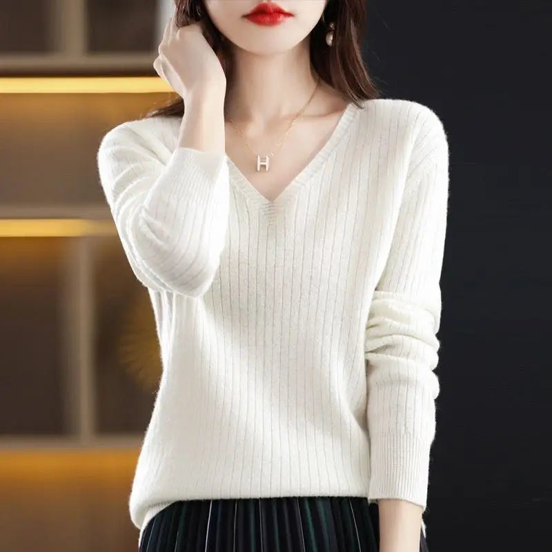Chic Casual Autumn Winter Basic Sweater Pullovers Women V-neck Solid Knit Loose Pullover Female Long Sleeve Warm Khaki Sweater