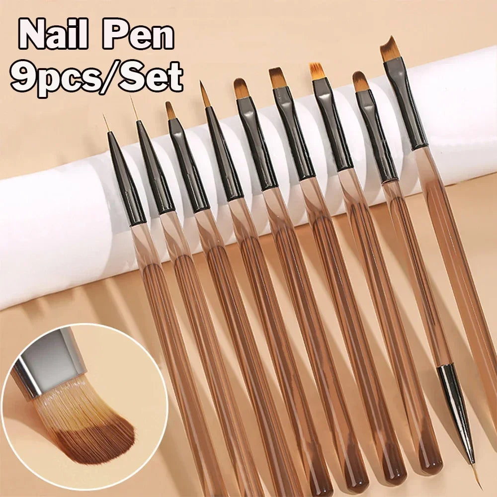 9PCS UV Gel Nail Brush Liner DIY Manicure Painting Pen Acrylic Drawing Brush for Nail Art Design Nail Extension Salon Supplies