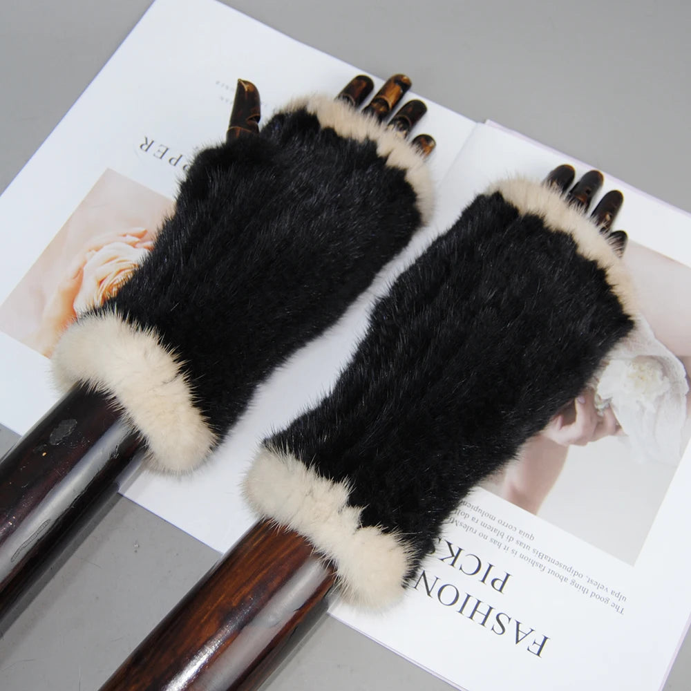 New Style Women Winter Real Mink Fur Gloves 100% Natural Warm Mink Fur Fingerless Gloves Girls Knitted Genuine Mink Fur Mittens
