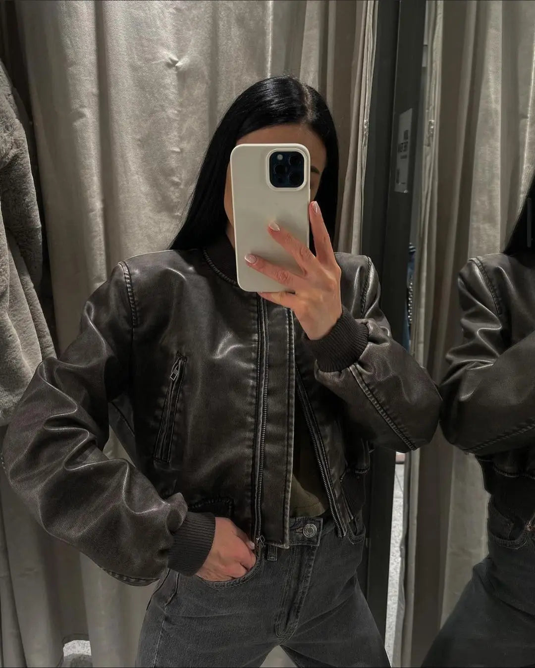 2025 Women Washed Leather Loose Jacket Vintage Stand Collar Gradient Zipper Short Coat Spring Lady Locomotive Style Chic Coat