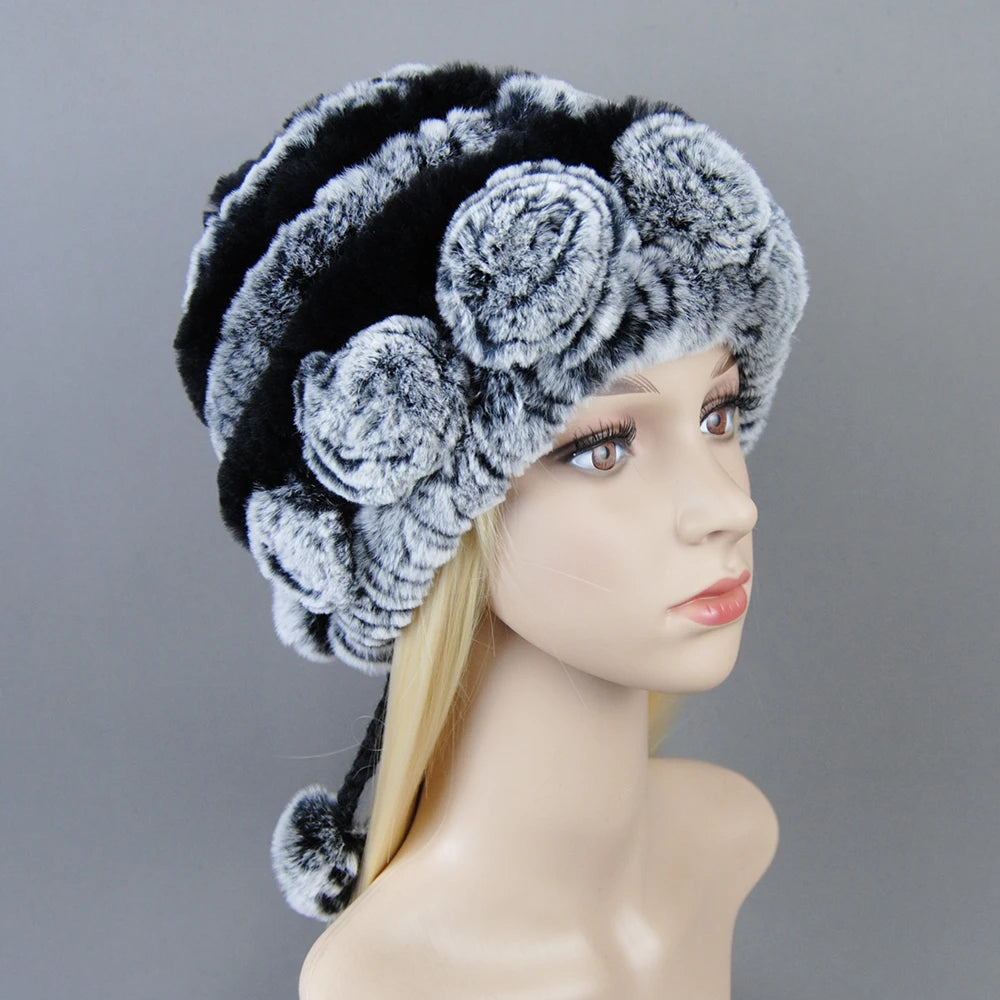 Hot Sale Women Warm Rex Rabbit Fur Hat Scarf Sets Winter Lady Knit Fur Hats Muffler 2 Pieces Natural Rex Rabbit Fur Cap Scarves