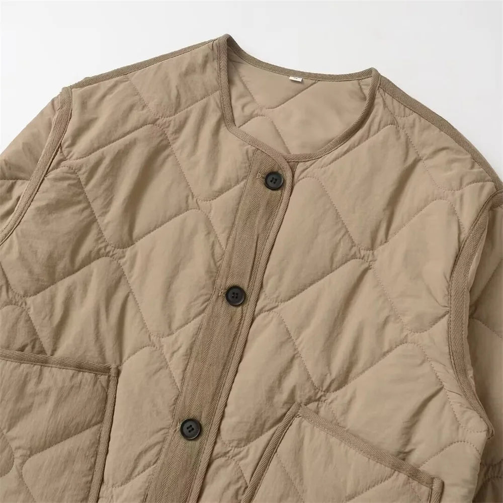 Autumn/Winter New Product Fashion Casual Women's Round Neck Long Sleeve Single breasted Cotton Jacket