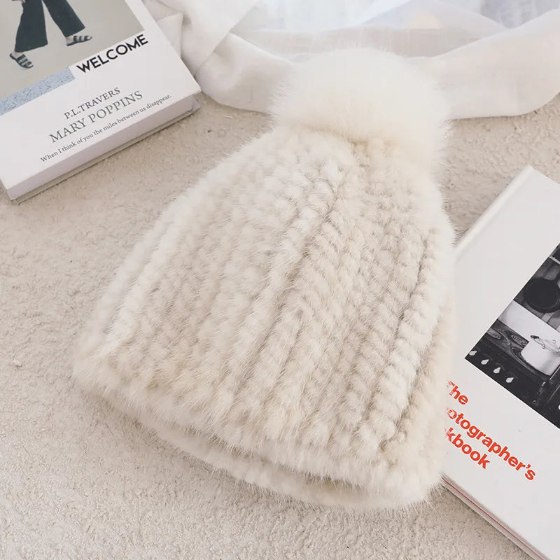 Real Mink Fur Hat For Women New Brand Thicken Female Fur Caps Ladies Winter Knitted Mink Fur Beanies With Fox Fur Pompoms Hat