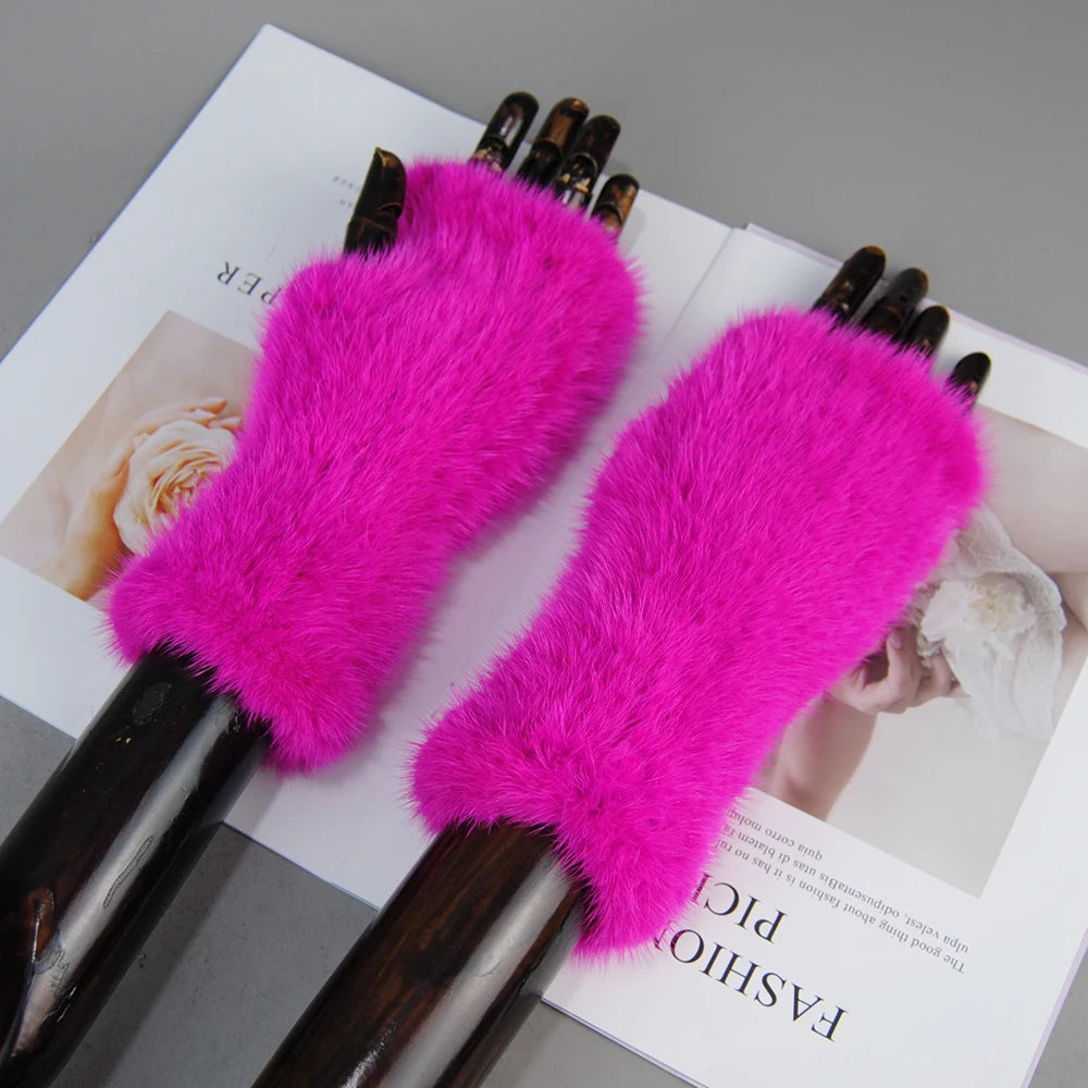 New Style Women Winter Real Mink Fur Gloves 100% Natural Warm Mink Fur Fingerless Gloves Girls Knitted Genuine Mink Fur Mittens