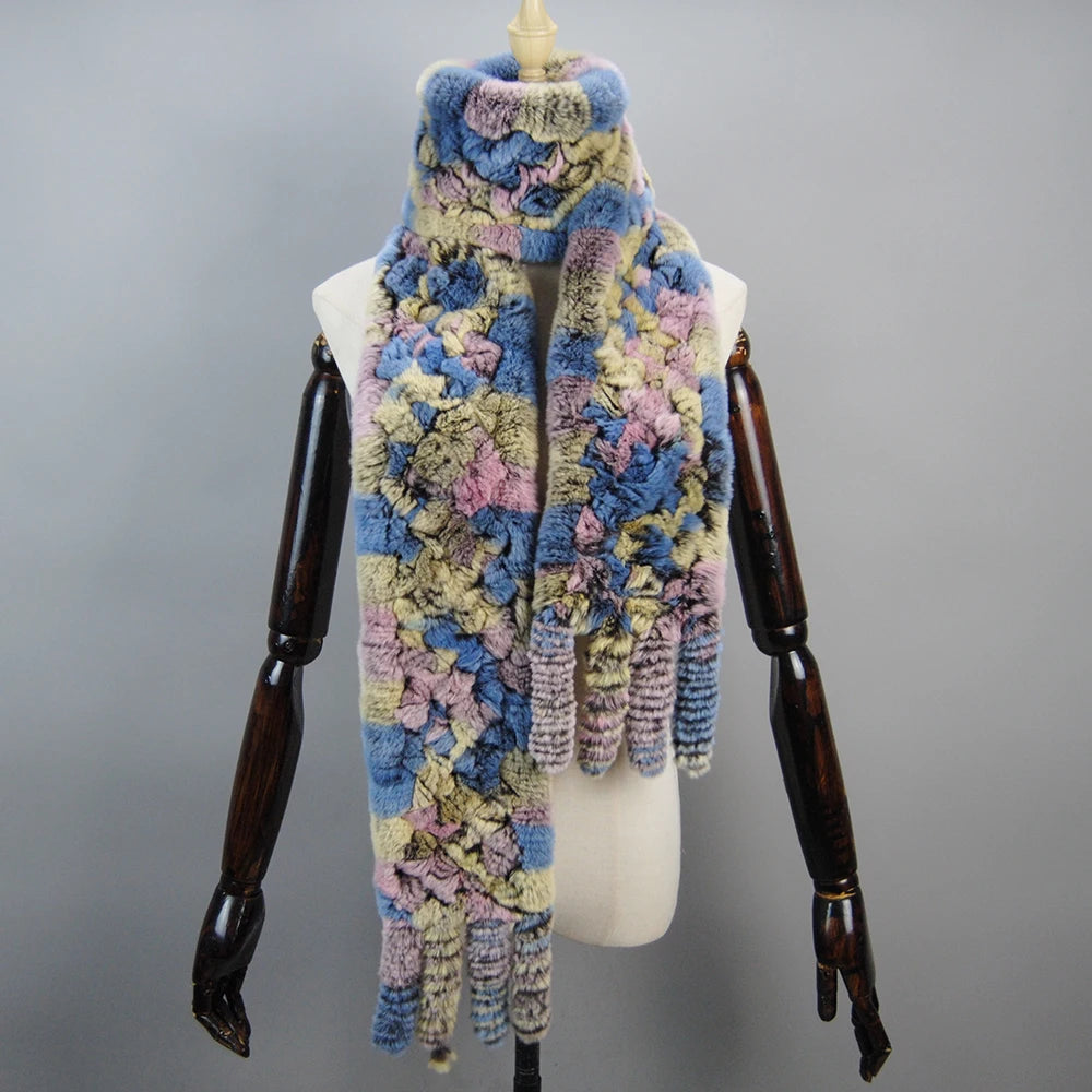 2025 Long Style Women Winter Real Rex Rabbit Fur Scarf Natural Rex Rabbit Fur Scarves Lady Knitted Rex Rabbit Fur Ring Scarves