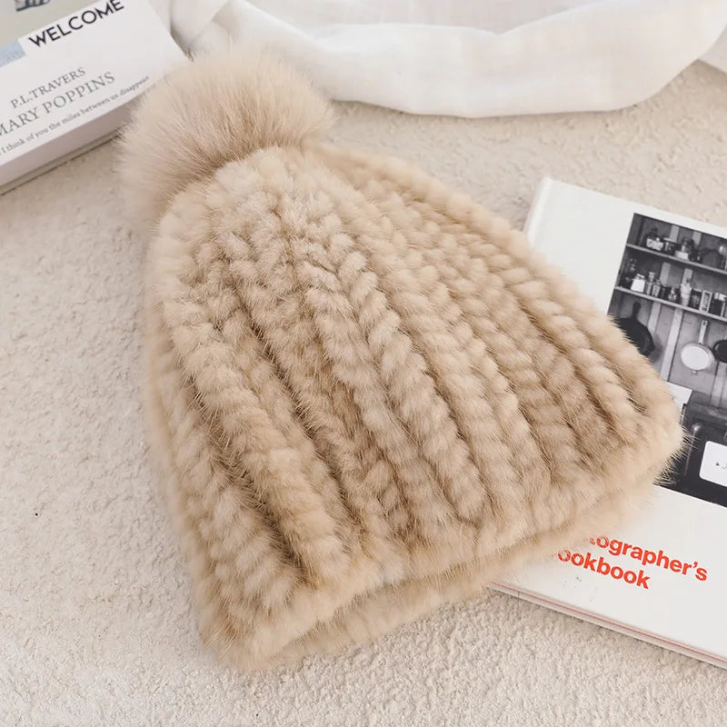 Real Mink Fur Hat For Women New Brand Thicken Female Fur Caps Ladies Winter Knitted Mink Fur Beanies With Fox Fur Pompoms Hat