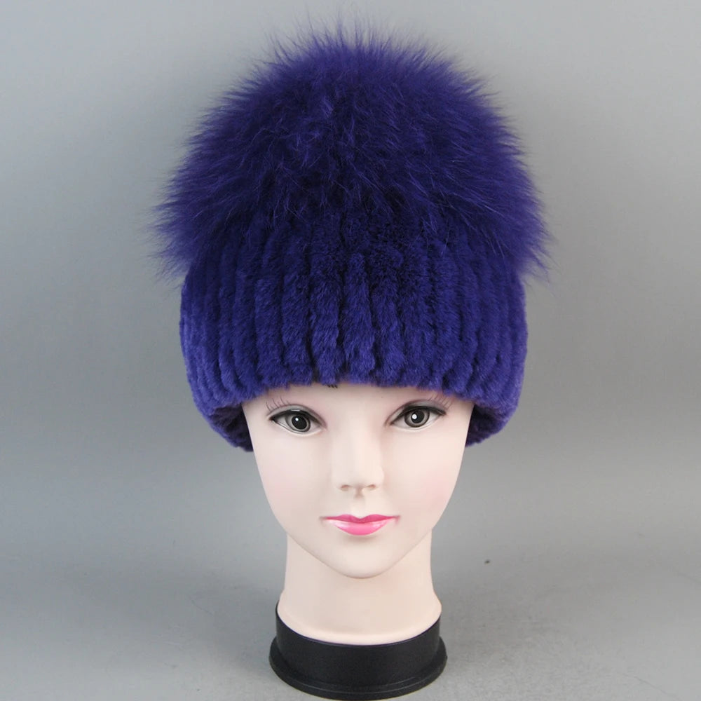 Female's Hat Good Elastic Natural Fluffy Real Fox Fur Hat New Winter Women Knitted Real Rex Rabbit Fur Hats Lady Real Fur Cap