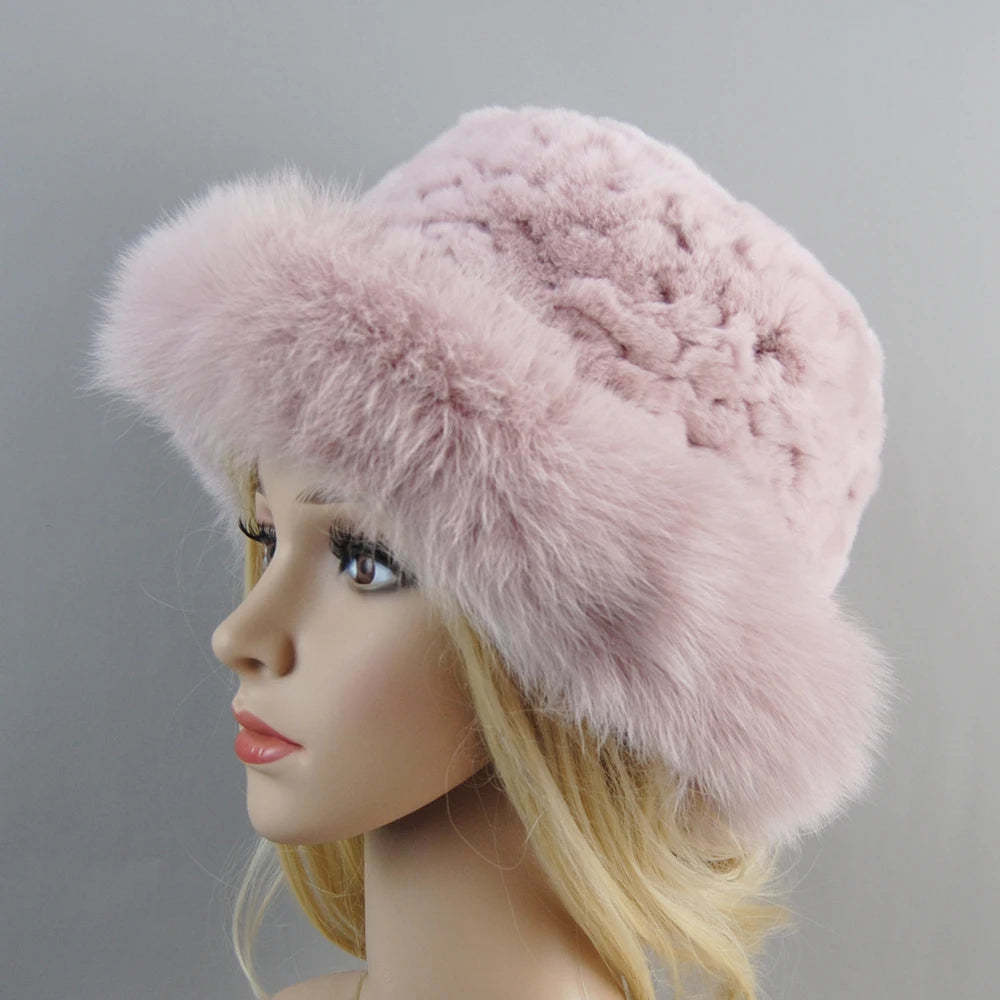 New Style Luxury Knitted Real Genuine Fox Fur Hats Women Beanies Solid Rex Rabbit Fur Caps Winter Lady Fashion Fur Skullies Hat